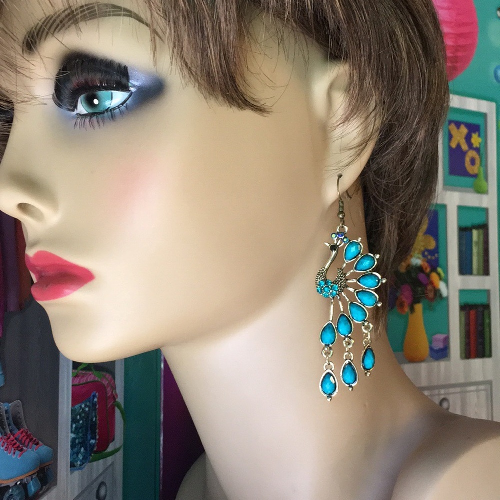 Teal Peacock Earrings - Picture 4 of 8